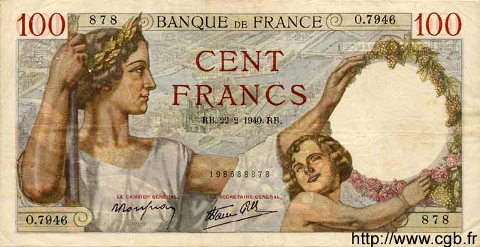 100 Francs SULLY FRANCIA  1940 F.26.23 MBC