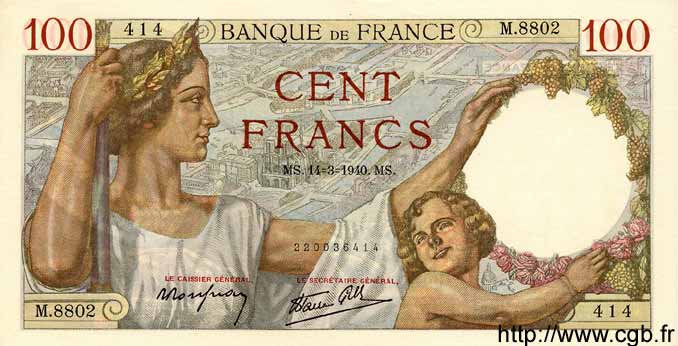 100 Francs SULLY FRANCE  1940 F.26.25 UNC-