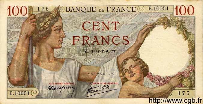 100 Francs SULLY FRANCE  1940 F.26.27 VF