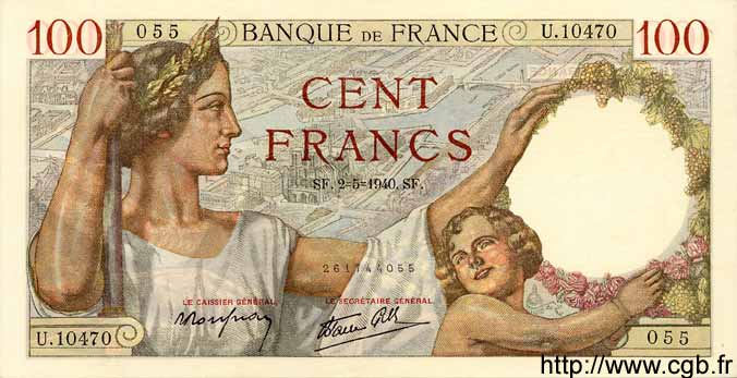 100 Francs SULLY FRANKREICH  1940 F.26.28 VZ+