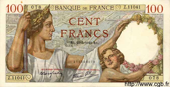 100 Francs SULLY FRANCIA  1940 F.26.30 q.AU