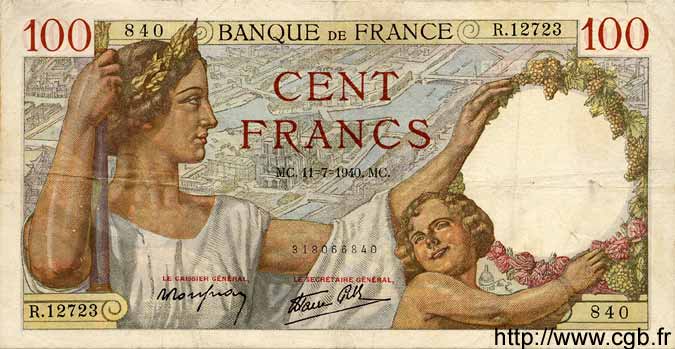 100 Francs SULLY FRANCE  1940 F.26.33 VF