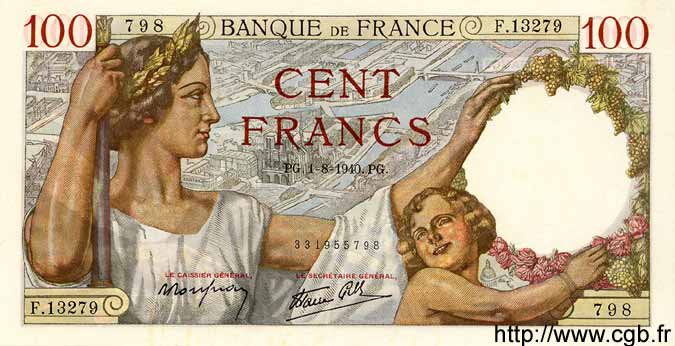 100 Francs SULLY FRANKREICH  1940 F.26.34 fST+