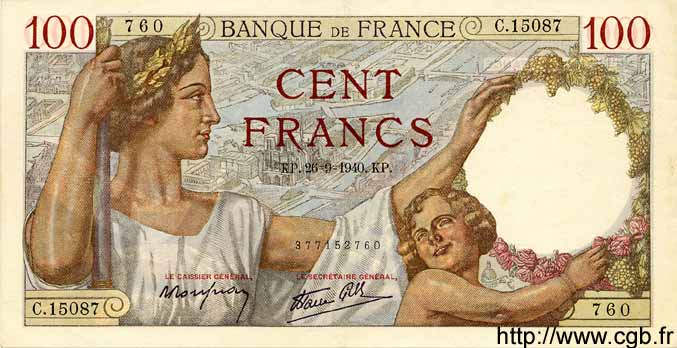 100 Francs SULLY FRANKREICH  1940 F.26.38 fST