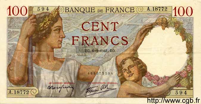 100 Francs SULLY FRANCE  1941 F.26.46 XF