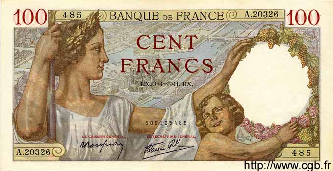 100 Francs SULLY FRANCE  1941 F.26.49 XF