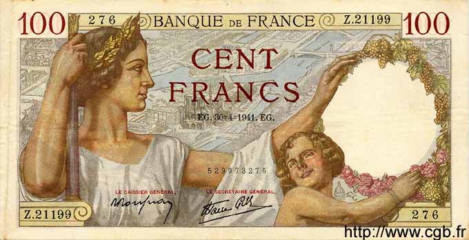 100 Francs SULLY FRANCE  1941 F.26.51 TTB+
