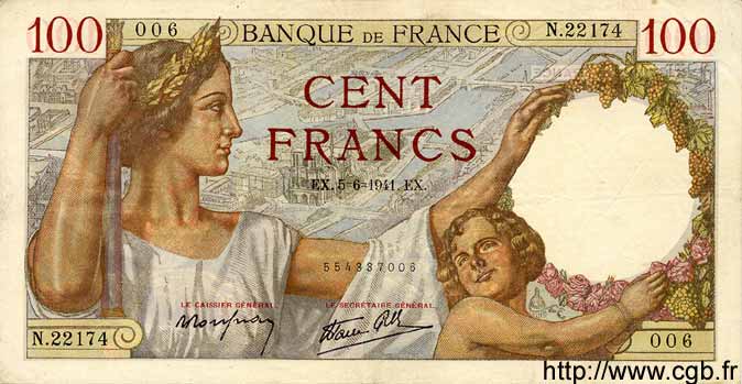 100 Francs SULLY FRANCE  1941 F.26.53 SUP+
