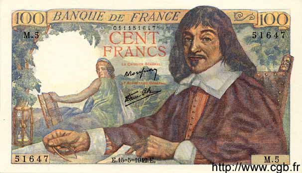 100 Francs DESCARTES FRANKREICH  1942 F.27.01 ST