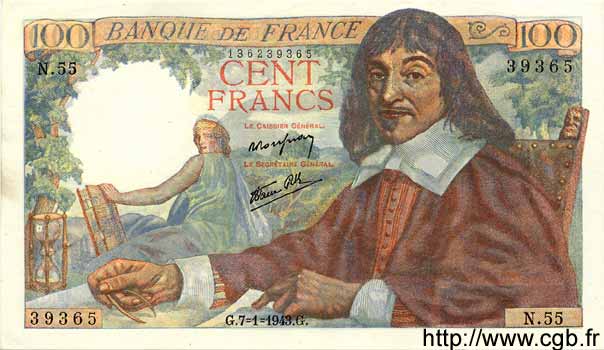100 Francs DESCARTES FRANCE  1943 F.27.03 AU