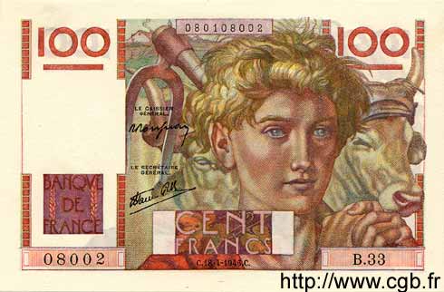 100 Francs JEUNE PAYSAN FRANCIA  1946 F.28.03 FDC
