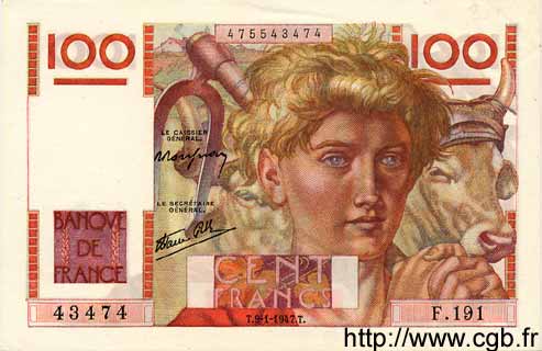 100 Francs JEUNE PAYSAN FRANCE  1947 F.28.13 UNC-