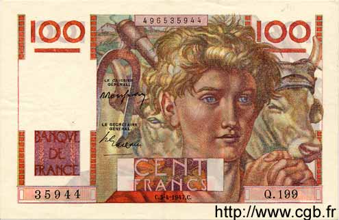 100 Francs JEUNE PAYSAN FRANKREICH  1947 F.28.14 VZ+