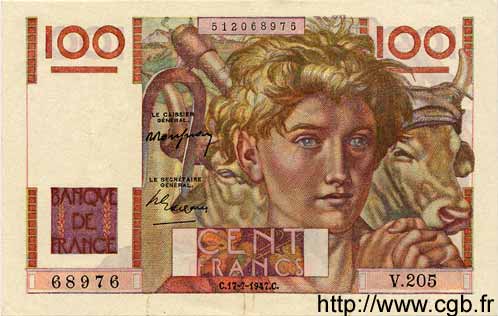 100 Francs JEUNE PAYSAN FRANKREICH  1947 F.28.15 VZ+