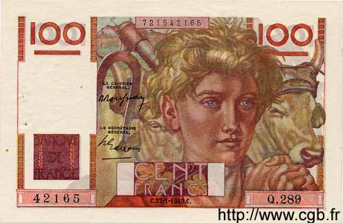 100 Francs JEUNE PAYSAN FRANCIA  1949 F.28.21 EBC+ a SC