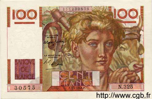 100 Francs JEUNE PAYSAN FRANKREICH  1949 F.28.23 VZ+