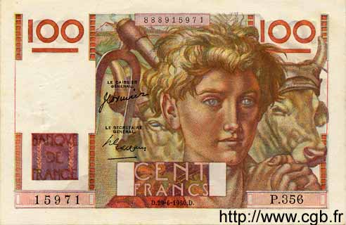 100 Francs JEUNE PAYSAN FRANCE  1950 F.28.25 AU