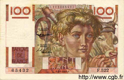 100 Francs JEUNE PAYSAN FRANCIA  1953 F.28.35 EBC