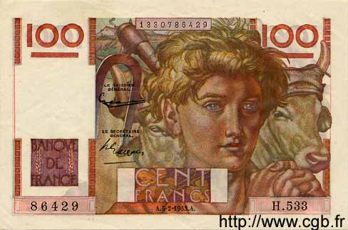 100 Francs JEUNE PAYSAN FRANCE  1953 F.28.36 AU-