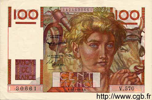 100 Francs JEUNE PAYSAN FRANCE  1953 F.28.40 AU+