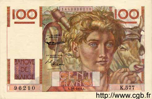 100 Francs JEUNE PAYSAN FRANCIA  1954 F.28.41 EBC