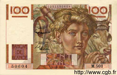 100 Francs JEUNE PAYSAN filigrane inversé FRANCIA  1952 F.28bis.01 EBC+