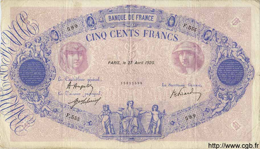 500 Francs BLEU ET ROSE FRANCIA  1920 F.30.24 q.BB