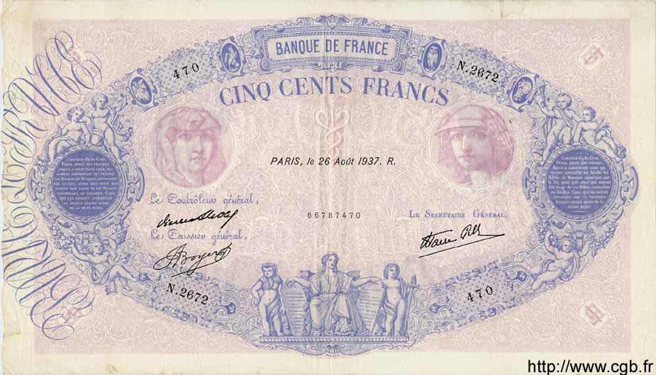 500 Francs BLEU ET ROSE modifié FRANCE  1937 F.31.02 VF