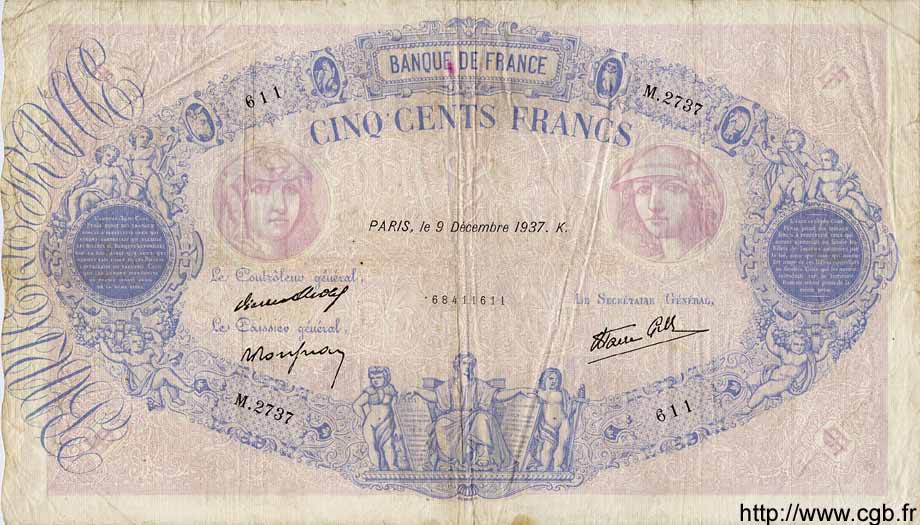 500 Francs BLEU ET ROSE modifié FRANCIA  1937 F.31.05 RC+