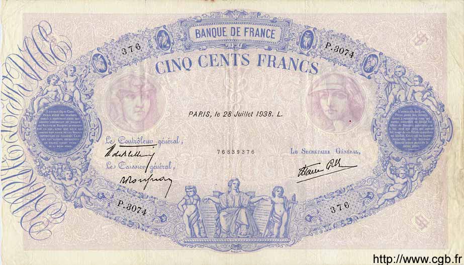 500 Francs BLEU ET ROSE modifié FRANCIA  1938 F.31.19 MBC