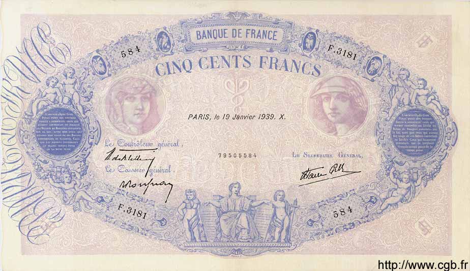 500 Francs BLEU ET ROSE modifié FRANKREICH  1939 F.31.23 fVZ