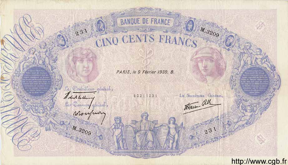 500 Francs BLEU ET ROSE modifié FRANCIA  1939 F.31.25 MBC+