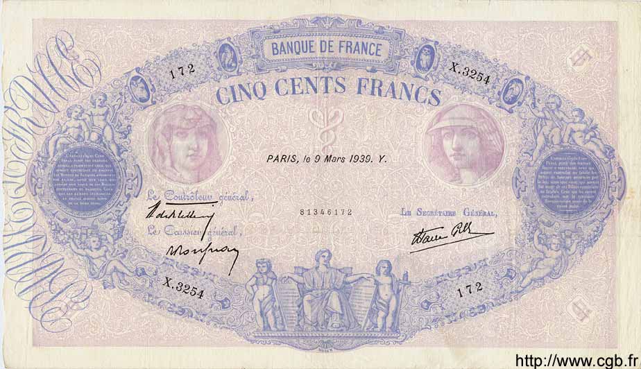 500 Francs BLEU ET ROSE modifié FRANCIA  1939 F.31.26 MBC