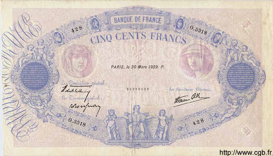 500 Francs BLEU ET ROSE modifié FRANCE  1939 F.31.29 VF