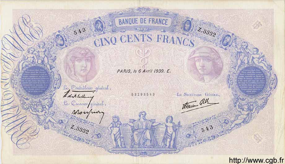 500 Francs BLEU ET ROSE modifié FRANCIA  1939 F.31.30 MBC