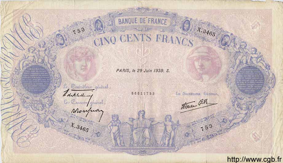 500 Francs BLEU ET ROSE modifié FRANCIA  1939 F.31.35 q.BB