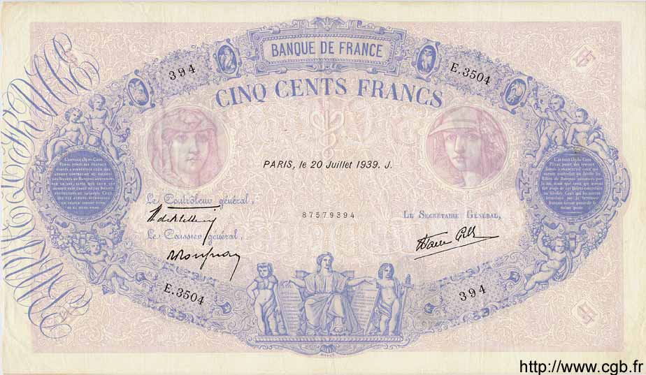 500 Francs BLEU ET ROSE modifié FRANCE  1939 F.31.37 VF+