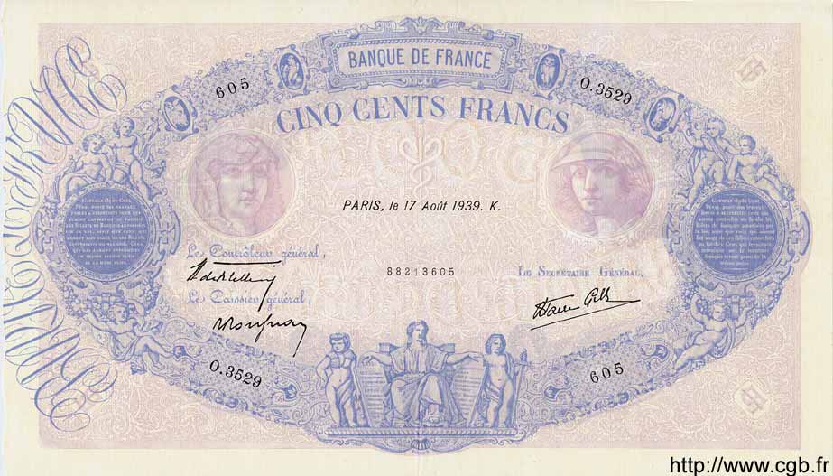 500 Francs BLEU ET ROSE modifié FRANCIA  1939 F.31.38 MBC+
