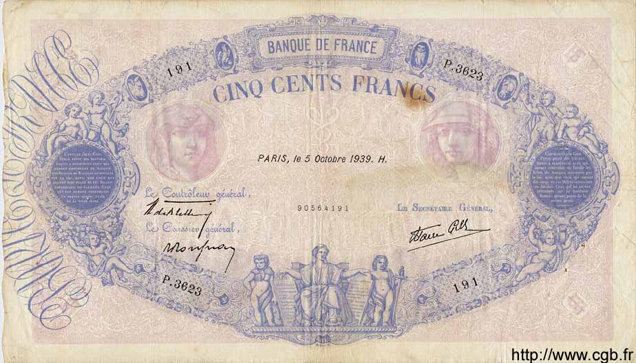 500 Francs BLEU ET ROSE modifié FRANCIA  1939 F.31.42 BC+