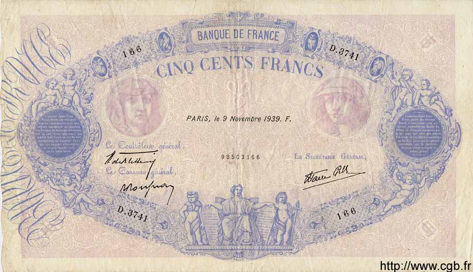 500 Francs BLEU ET ROSE modifié FRANCIA  1939 F.31.47 q.SPL