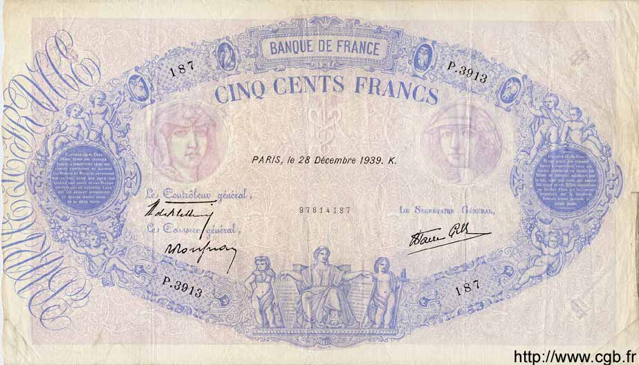 500 Francs BLEU ET ROSE modifié FRANCIA  1939 F.31.54 BB