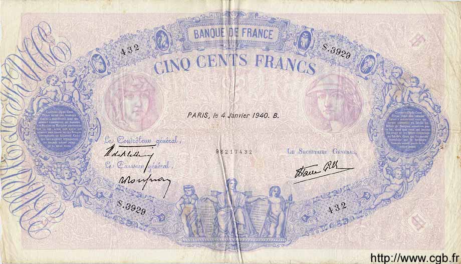 500 Francs BLEU ET ROSE modifié FRANCIA  1940 F.31.55 MB