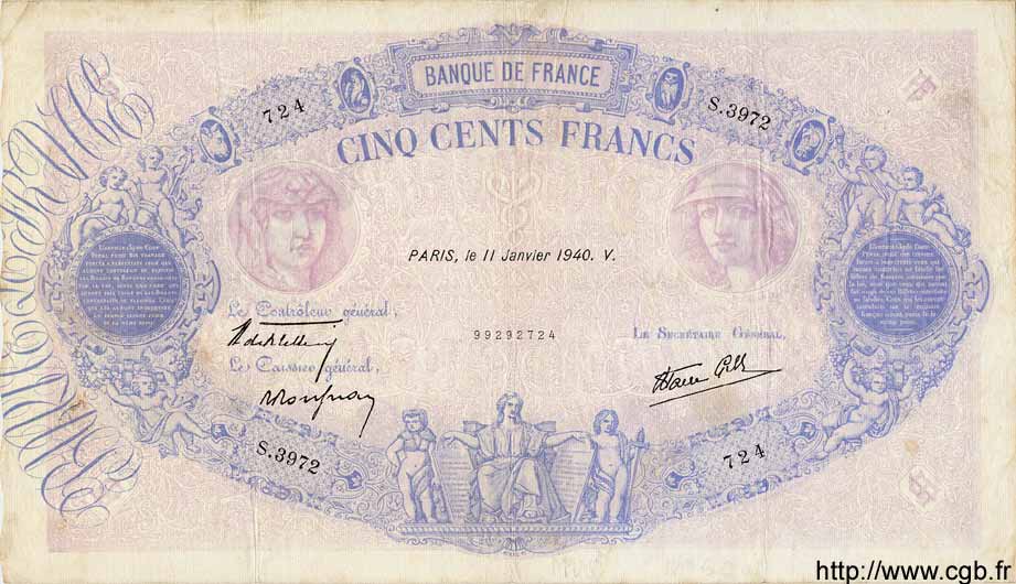 500 Francs BLEU ET ROSE modifié FRANCE  1940 F.31.56 VF-