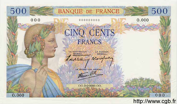 500 Francs LA PAIX FRANKREICH  1940 F.32.00Ed1 fST+
