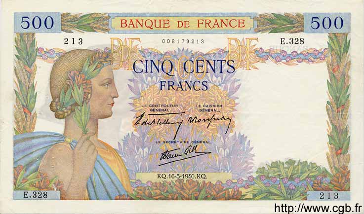 500 Francs LA PAIX FRANCE  1940 F.32.02 TTB+ à SUP