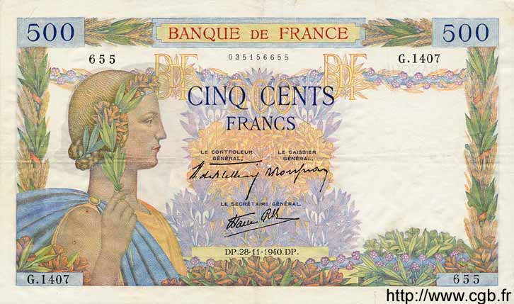 500 Francs LA PAIX FRANCIA  1940 F.32.09 MBC+