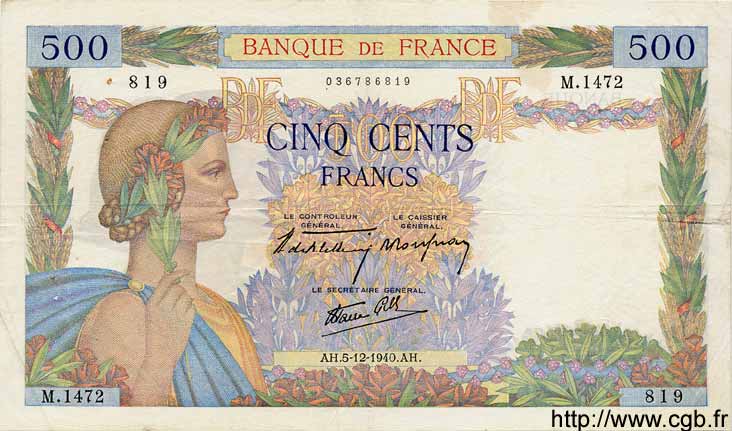 500 Francs LA PAIX FRANCE  1940 F.32.10 VF