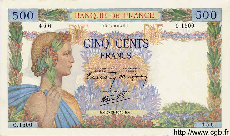 500 Francs LA PAIX FRANCE  1940 F.32.10 NEUF