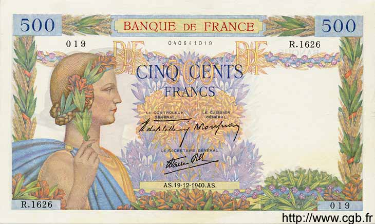 500 Francs LA PAIX FRANKREICH  1940 F.32.11 VZ+