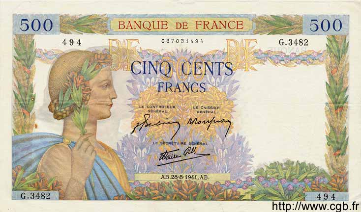 500 Francs LA PAIX FRANCIA  1941 F.32.21 q.SPL